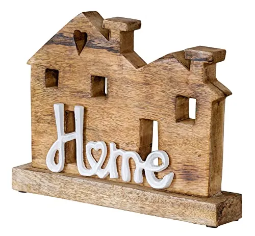 levandeo Aufsteller Haus H20cm Home Weiß Mango Metall Schriftzug Holz Deko Mangoholz Tischdeko Wohndekoration