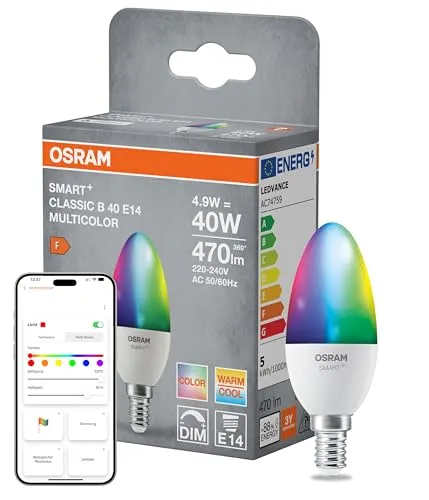 Osram SMART+ MATTER Classic shapes Multicolor in B-Form, LED-Lampe, Matt, 4,9 W, 470 lm, von 2700 bis 6500 K, Matter, Smartspeaker-Kompatibel, Dimmbar