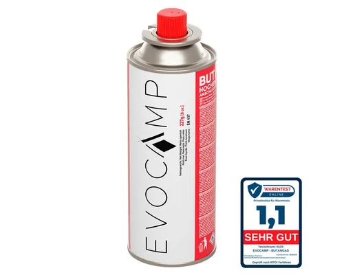 EVOCAMP Gaskartusche Butangas Gaskartusche Typ MSF-1a 227g mit Ventil, Zubehör für Campingkocher, Gasheizung, Gasbrenner, Gaskocher, 1 St., 1 Kartusche