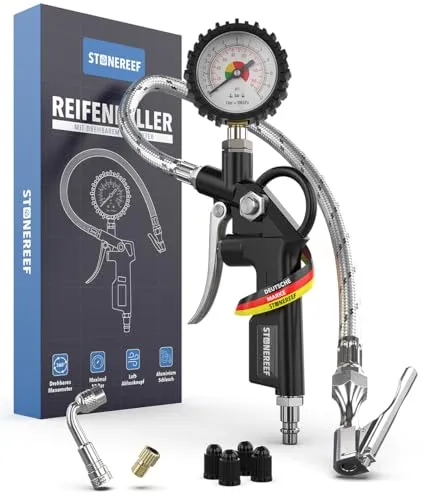 Reifenfüller mit drehbarem Manometer [inkl. Adapter & Ersatzkappen] – Reifendruckfüller für Werkstatt, Auto und Fahrrad – Reifenfüller mit Schlauch und Luftdruckprüfer für Kompressor