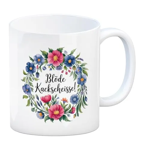 speecheese Blöde Kackscheisse Blumensprache Kaffeebecher Einzigartiges Design in Pastelltönen Kunstvoller Aquarellstil im bläulichen Spektrum