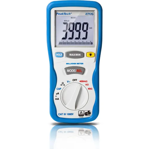 PEAKTECH 2705-2 - Digitales Multimeter mit Milliohmmessung - Multimeter, digital mit 4000 Counts, ideal für präzise Widerstandsmessungen von 100 µOhm bis 40 Ohm, inklusive Koffer und Zubehör für vielseitige Anwendungen in der Elektroinstallation.