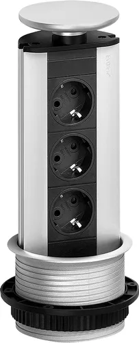 EVOline Steckdosenturm 3fach Schwarz-Silber - Versenkbare Steckdosenleiste mit 3 VDE Steckdosen und Wippdeckel für einfache Handhabung, ideal für moderne Arbeitsplätze.