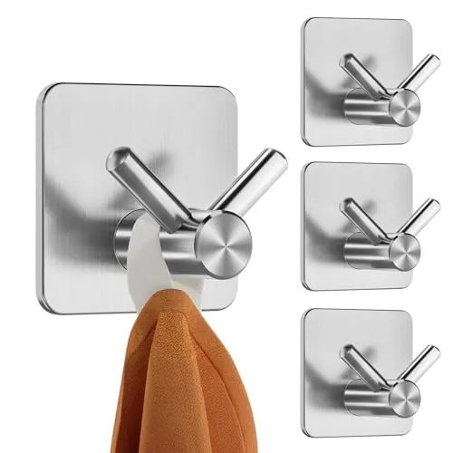 Dripex Haken Selbstklebend Klebehaken, Handtuchhaken Ohne Bohren, Wandhaken Selbstklebend Handtuchhalter Ideal für Badzimmer Toilette Küche Büro, Silber, 4 Stück-Typ A