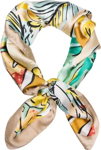 styleBREAKER Damen Halstuch mit Palmen Blätter Blüten Muster im Popart Style, Tuch Quadratisch, Vierecktuch Bunt, Kopftuch 01016237, Farbe:Hellbraun