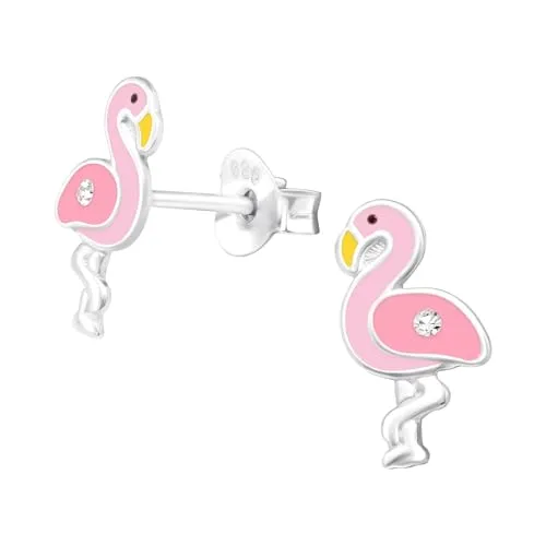 Monkimau Flamingo Kinder Ohrringe | 925 Silber | Mädchen Ohrstecker Schmuck | Hypoallergen & Nickelfrei | Kinderohrringe Geschenkidee