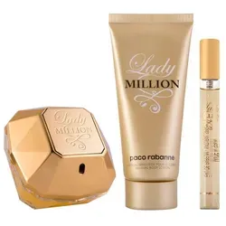 Paco Rabanne Lady Million Eau de Parfum Set 50 ml + 10 ml + 100 ml Körperlotion - Entdecken Sie das luxuriöse LADY MILLION Set von Rabanne, das Ihnen die verführerische Duftwelt näherbringt. Ideal für unterwegs, enthält es einen exquisiten Duft und eine pflegende Lotion, die Ihre Sinne umhüllt und für ein unvergessliches Erlebnis sorgt.