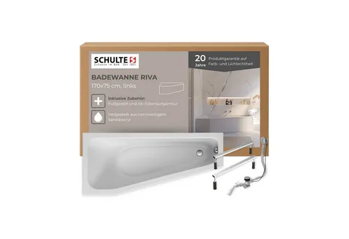 Schulte Badewanne Riva, asymmetrische Form, Sanitäracryl, Weiß, (Komplett-Set, inkl. Fußgestell und Ablauf), Version links, 170x75 cm