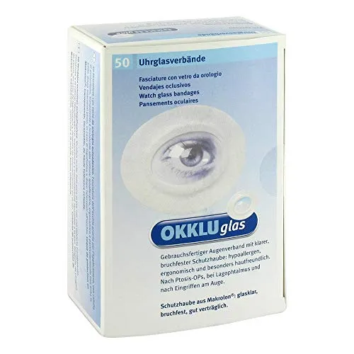 Okkluglas Uhrglasverband 50 ST - Arzneimittel - Gebrauchsfertiger, hypoallergener Augenverband mit bruchfester Schutzhaube, ideal nach Augenoperationen und für optimale Luftzirkulation bei Okkluglas Aero.