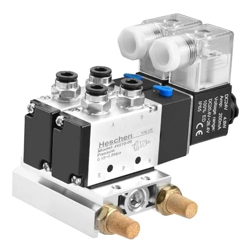 Heschen Elektrisches pneumatisches Doppel-Magnetventil, 4V210-08, DC24V, PT1/4, 5-Wege, 2 Positionen, Krümmerbasis, Schalldämpfer, Schnellmontage-Set