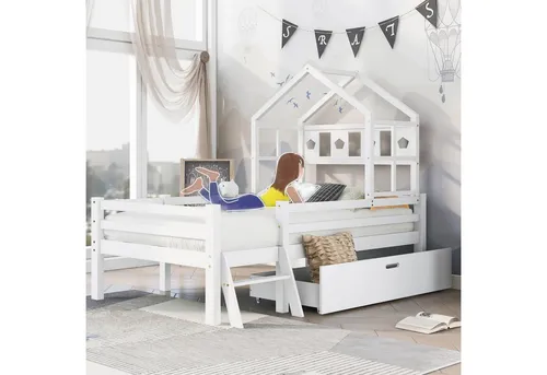 OKWISH Kinderbett Hochbett aus Massivholz mit Sicherheitsgeländer (90x200 cm) - Hochbett aus robustem Kiefernholz mit sicherem Rausfallschutz und integriertem Stauraum. Ideal für kreative Kinderzimmergestaltung und sicheres Spielen. Inkl. Lattenrost und praktischer Schublade für Ordnung.
