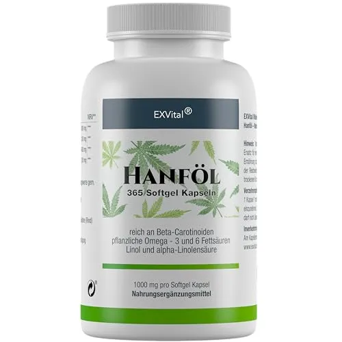 EXVital Hanföl Kapseln 1000mg - Kaltgepresst - Hochwertige Softgel Kapseln mit kaltgepresstem Hanfsamenöl, ideal zur Unterstützung der täglichen Ernährung. Enthält 511 g pro Packung und ist einfach einzunehmen.