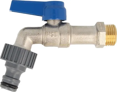 Kugelauslaufventil 1/2 Zoll mit passender Steckkupplung und Teflonband, matt verchromt, Griff blau