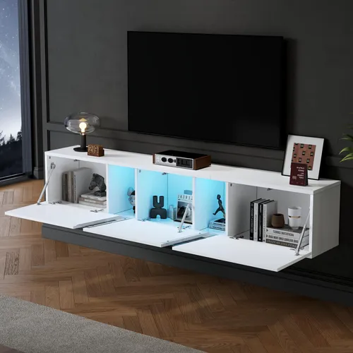 STILVORA Wandmontierter TV-Lowboard mit LED-Licht und 3 Schranktüren,TV-Ständer für 75-Zoll-Fernseher,TV-Schrank Fernsehschrank Hochglanz,Weiß