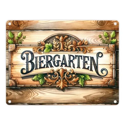 Biergarten Metallschild in 15x20 cm Old-School Biergarten Metallschild in 15x20 cm mit stilvollem Schriftzug rustikaler Charme auf hölzernem Hintergrund für gemütliche