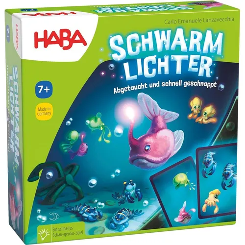 HABA Schwarmlichter – Spannendes Unterwasser-Kartenspiel - Deckkartenspiel für 2-5 Spieler ab 7 Jahren, mit einfachen Regeln für schnellen Spielspaß und beeindruckenden Tiefseekarten für ein visuelles Highlight.