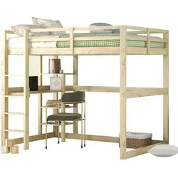 Kinderbett(Natur,140X200cm)Hochbett Bettgestell mit Stauraum,komplett aus Kiefer,mit 4 Ablagefächern und einer Schreibtischplatte