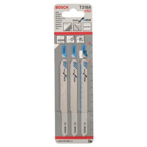 Bosch 3x Stichsägeblatt T 318 A Basic for Metal (für Stahlrohre & -profile, dünnwandig, Professional Zubehör Stichsäge)