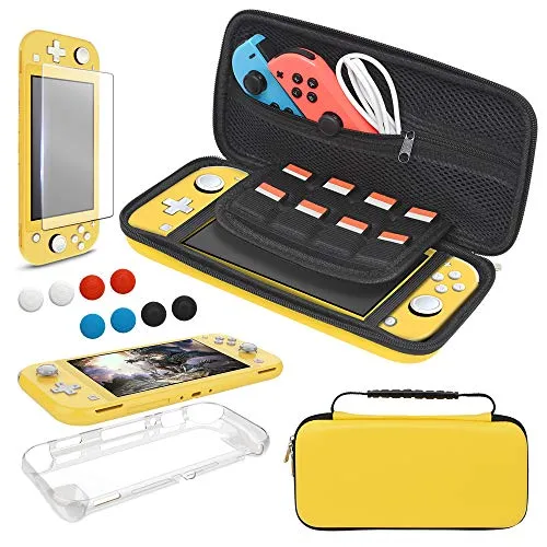 Tasche und Schutzhülle Kompatibel mit Nintendo Switch Lite Zubehör Set, YUANHOT Tragetasche & Hülle für Switch Lite & Displayschutzfolie & Joystick Kappen Schutz - Gelb