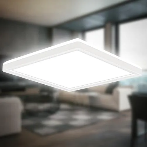 B.K.Licht - LED Deckenlampe mit indirektem Licht, 3cm flach, neutralweißes Licht, Lampe, Deckenleuchte, Wohnzimmerlampe, LED Panel, Küchenlampe, Deckenbeleuchtung, 24x24x3 cm, Weiß