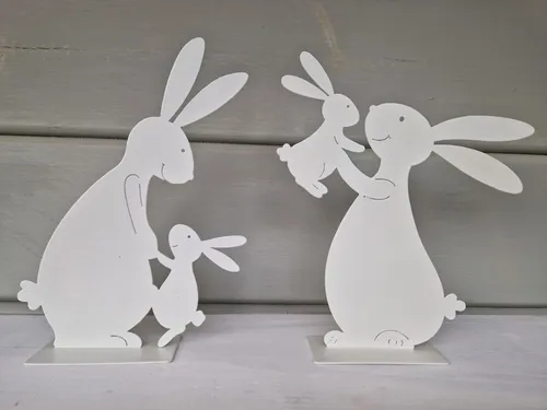Dekofigur Ostern Set 12x4xH18cm /15x4xH17cm Metall Weiß Hasenfamilie