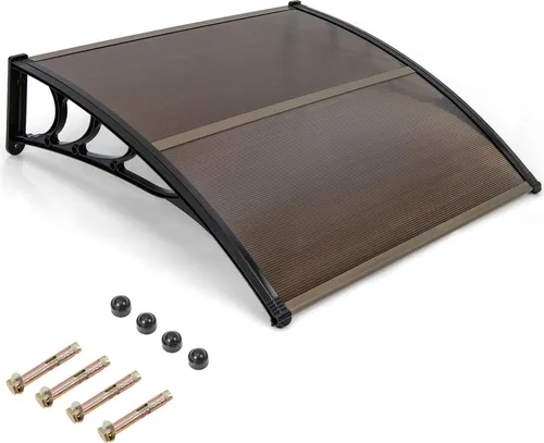 GOPLUS Vordach für Haustür, 122 × 99 cm Überdachung aus Aluminium & Polycarbonat, Haustürdach Pultvordach (122cm lang,Kaffee)