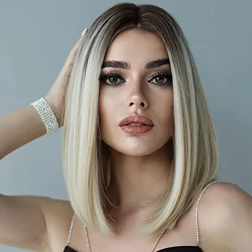 PORSMEER Perücke Blond und Braun Lang Glatt Ombre Perücken für Frauen, Dunkle Wurzel Mittelteil Volle Natürlich Wie Echthaar Party/Kostüm Wig Damen 36cm 14Inch