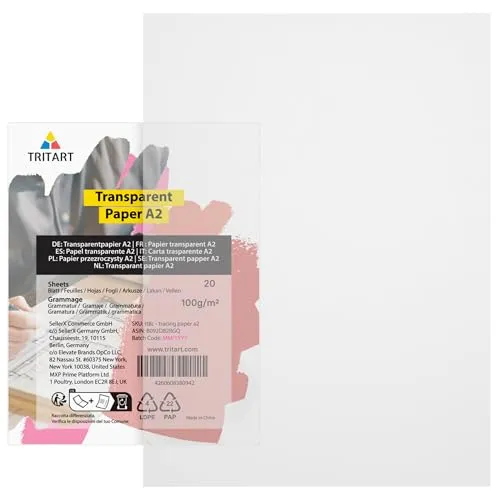 Tritart Transparentpapier Bedruckbar Weiß DIN A2 - Abpauspapier Pergamentpapier zum Bedrucken 20 Blatt 100g/m² - Architektenpapier Transparent Papier Bögen - Tracing Paper