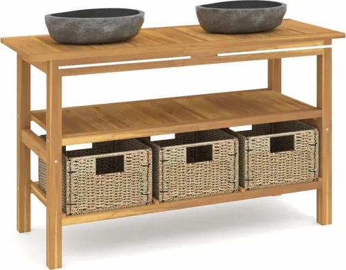 vidaXL Waschtisch mit Flussstein-Waschbecken aus massivem Teakholz - Eleganter Waschtisch aus robustem Teakholz mit Flussstein-Waschbecken. Bietet viel Stauraum und ist ideal für stilvolle Badezimmer. Die 3 Körbe sorgen für Ordnung und das Design fügt sich harmonisch in jeden Raum ein.