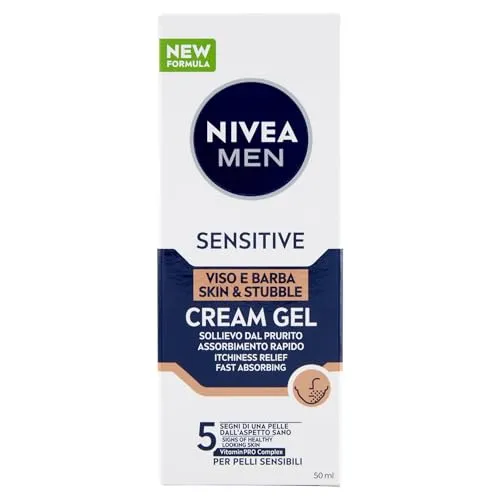 NIVEA MEN Sensitive Gesicht und Bart Cream Gel 50 ml, Gesichtscreme für Herren zur sofortigen Linderung von Reizungen und 24h Feuchtigkeit, Feuchtigkeitscreme und 2-in-1 Rasiercreme für empfindliche