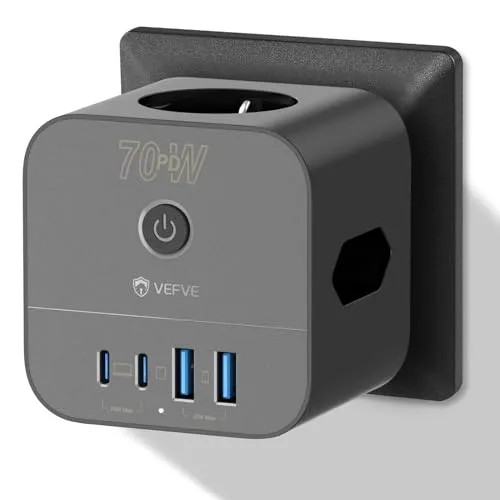 VEFVE 70W Cube Steckdosenleiste mit USB-C-Ladegerät - 7-in-1 Mehrfachsteckdose mit GaN-Technologie für schnelles Laden, ideal für Zuhause, Büro und Reisen. Kompakt, platzsparend und sicher mit integriertem Überstromschutz.