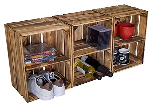 Holzkiste Bella geflammt - 3er Set - Robuste geflammte Holzkiste (40 x 30 x 25 cm) für vielseitige Aufbewahrung, ideal als Weinablage oder Bücherregal. Set kaufen und sparen!