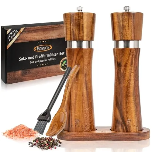 ECENCE Salz und Pfeffermühle Holz 2er Set - Salz- & Pfeffermühlen-Set aus edlem Akazienholz mit präzisem Keramikmahlwerk für individuelle Mahlgrade und elegantem Untersetzer für mehr Sauberkeit in Ihrer Küche.
