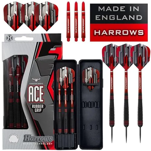 Harrows Ace Rubber Black Dartpfeile | Steeldarts-Set mit Tragetasche | 20g, 22g, 24g & 26g | Enthält Supergrip-Schäfte und 100-Mikron-Marathon-Flights (22g)