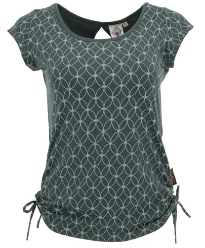 GURU SHOP Yoga T-Shirt Flower of Life - Farngrün, Damen, Größe M - T-Shirt aus Bio-Baumwolle für Damen, leicht und elastisch mit dezentem Druck. Ideal für Yoga und Freizeit, passt sich perfekt der Figur an und bietet durch seitliches Raffen vielseitige Trageoptionen.