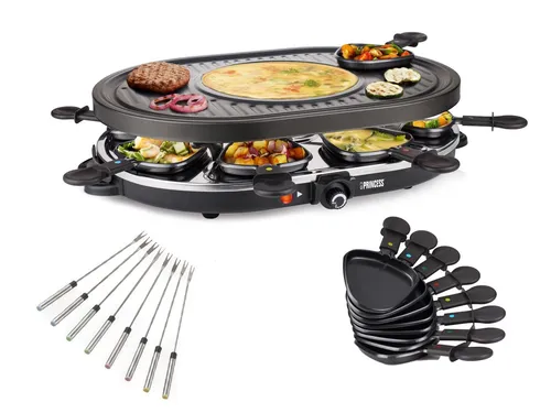 PRINCESS Raclette, 8 Raclettepfännchen, Gerät für 2-8 Personen Tischgrill mit Crêpefläche Camping geeignet