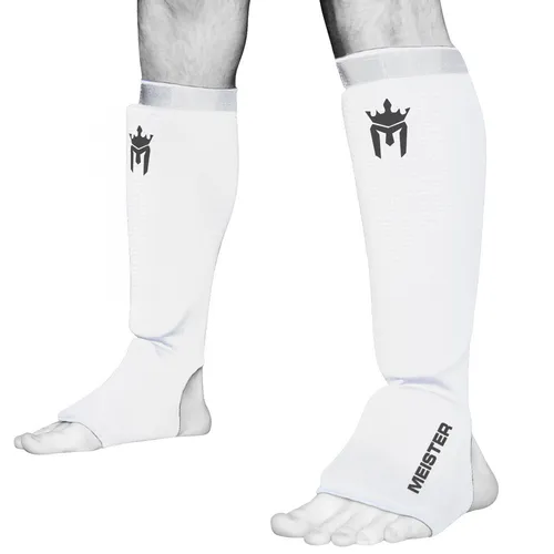 Meister MMA Elastische Gepolsterte Stoff Schienbein- & Spannschoner (Paar) – Weiß – Klein / Mittel