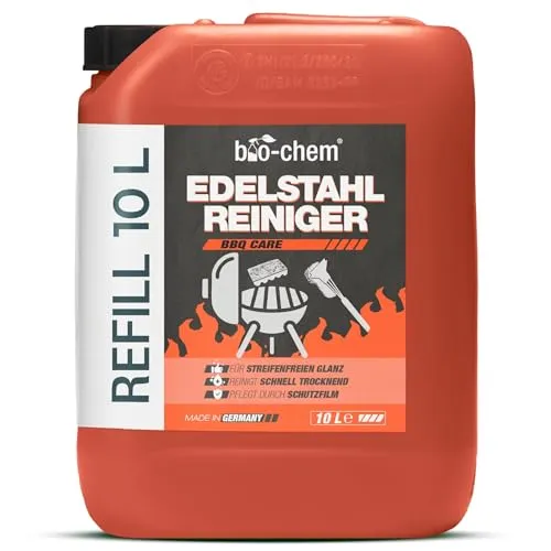 bio-chem Edelstahlreiniger 10 Liter Kanister - Pflege für strahlenden Glanz - Effektiver Edelstahlreiniger für Küche, Haushalt und Grill. Schützt Oberflächen vor Neuverschmutzungen und sorgt für ein strahlendes Finish ohne Politur. Ideal für alle metallischen Oberflächen und im Lebensmittelbereich einsetzbar.