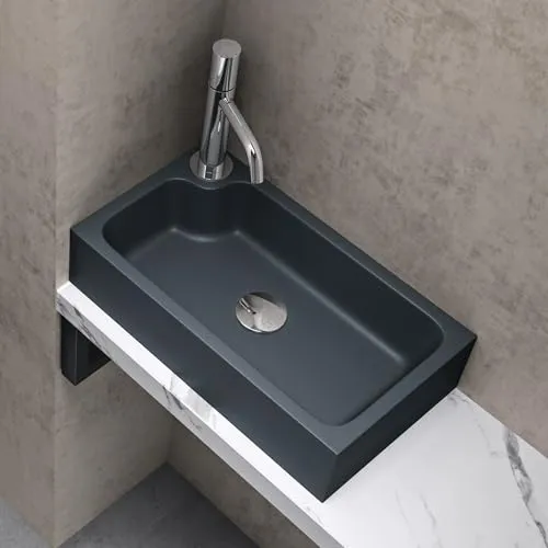 doporro Col101 Waschbecken - Elegantes Mineralguss Aufsatzwaschbecken für Ihr Gäste-WC - Waschbecken aus Mineralguss, 46cm breit, 26cm tief, eckiges Design. Ideal für stilvolle Badezimmer mit einfacher Montage dank genormter Armaturen- und Ablauflöcher.