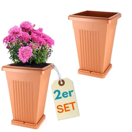 2x Pflanz Kübel Pyramide Groß Außen Blumen Outdoor mit Untersetzer - Garten-Zubehör: Großzügige Terrakotta-Kübel für Blumen mit praktischem Untersetzer, ideal für den Außenbereich und umweltfreundlich aus recycelbarem Kunststoff.