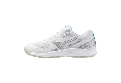 Mizuno STEALTH STAR 3 Jr. Hallenschuh für Kinder - MIZUNO STEALTH STAR 3 Jr. – Leichter und stabiler Indoor-Schuh in Weiß/Blau/Silber, ideal für aktive Kinder. Hoher Komfort und zuverlässiger Grip auf Hallenböden sorgen für Spaß beim Sport.