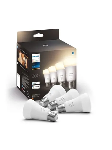 Philips Hue White A60 E27 806 Lumen - 4-Pack - LED-Lampen, 9W (entspricht 60W), E27 Sockel, steuerbar über Hue Bridge oder Dimmer, Sprachsteuerung mit Google Home, Alexa, Siri, ideal für smartes Zuhause.