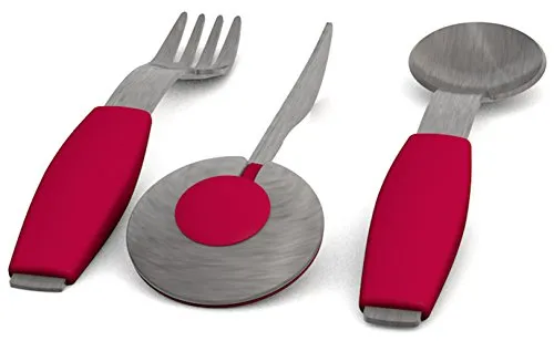 Ornamin Besteckset 3-teilig mit roten Griffkissen - Esshilfen & Besteck - Ergonomisches Einhänder-Besteck für selbstständiges Essen, ideal bei eingeschränkter Handbeweglichkeit. Hochwertiger Edelstahl, rutschfeste Griffe für sicheres Greifen.