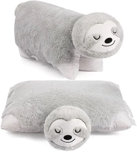 BRUBAKER Kuscheltier-Kissen Faultier - 2 in 1 Plüschkissen - Stofftiere & Teddybären – Vielseitiges 2-in-1 Design: Verwandle das 40 x 30 cm große Kissen im Handumdrehen in ein kuscheliges Faultier, ideal zum Kuscheln und Reisen.