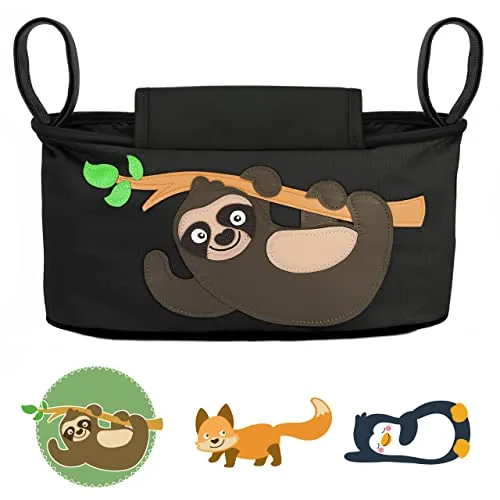 GLÜCKSWOLKE Kinderwagen Organizer - 12 Motive I Kinderwagentasche verschließbar I Kinder Buggy Tasche mit Feuchttuchspender I Baby Stroller Bag Black I Aufbewahrungstasche (Fannie Faultier I schwarz)