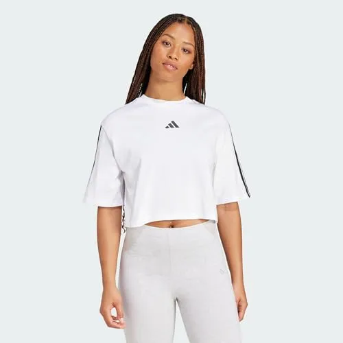 Adidas Damen Essentials 3-Stripes Baumwoll T-Shirt, Weiß/Schwarz, M - Bequemes, locker geschnittenes T-Shirt mit Rundhalsausschnitt und überschnittenen Schultern, ideal für den täglichen Tragekomfort.