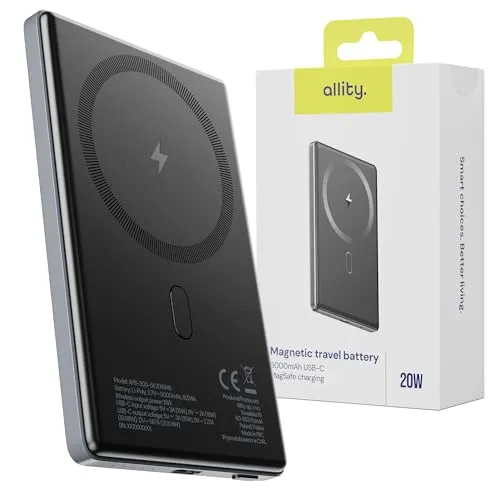 Allity Magnetischer Mini Powerbank 5000mAh – Kompakte Powerbank mit MagSafe - Externe Handyakkus: 5000mAh Powerbank mit 15W kabellosem Laden und 20W USB-C Schnellladung, ideal für Reisen und Alltag.