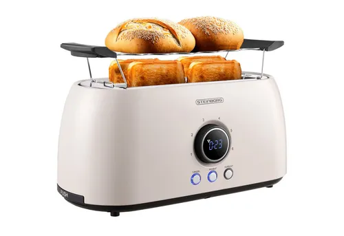 Steinborg Toaster 4 Scheiben mit Brötchenaufsatz - Toaster mit Cool-Touch-Gehäuse und digitalem Display für perfekte Bräunung. Genießen Sie knusprige Toastscheiben und warme Brötchen – ideal für Familien!