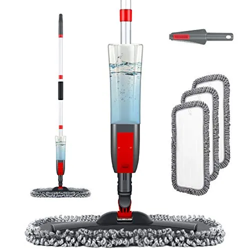 Bodenwischer mit Sprühfunktion, Homgif Sprühwischer Wischer mit Wassertank 360 Grad Rotierender Wischmopp Spray Mop Wischer Boden mit 3 Waschbaren Mikrofaser Pads für alle Böden (Rot, 450ML)
