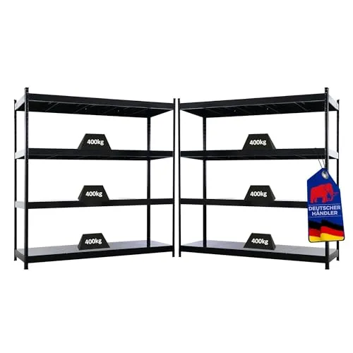Profi Schwerlastregal HERCULES 200x200x60cm | 4 Ebenen | 400kg Fachlast | Schwarz - Das HERCULES Schwerlastregal von PROREGAL bietet eine robuste Lagerlösung mit 4 höhenverstellbaren Ebenen. Ideal für Werkstätten und Garagen, trägt es bis zu 400 kg pro Ebene und ermöglicht flexibles Lagern von schweren Gegenständen.